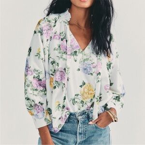 LoveShackFancy Willow Corduroy Long Sleeve Tie Neck Blouse in White Floral